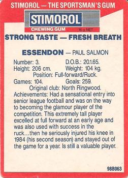 1990 AFL Scanlens Stimorol #28 Paul Salmon Back